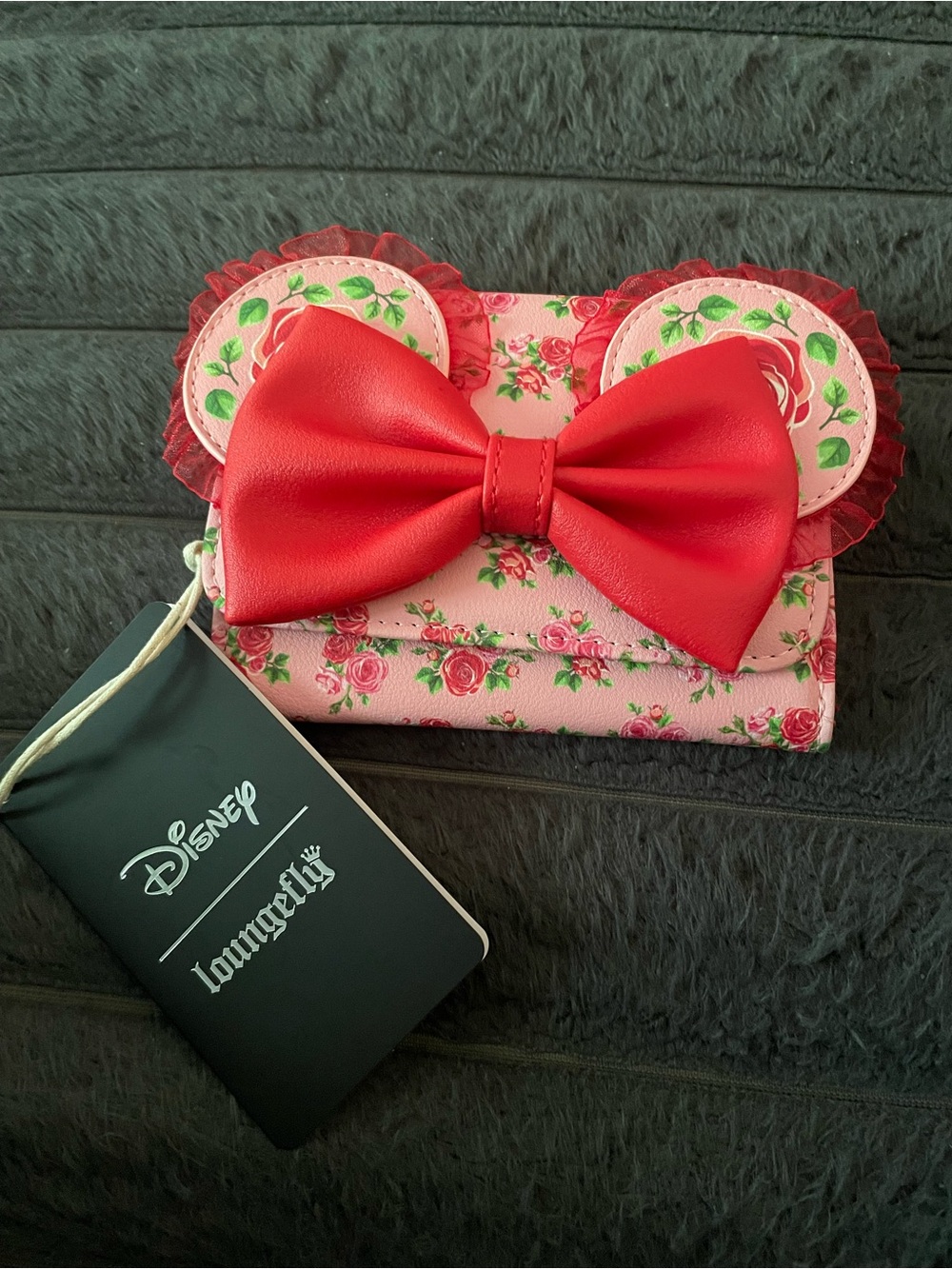 Loungefly Disney Minnie Mouse Rosettes Lace Zip Wallet Pink Red NWT